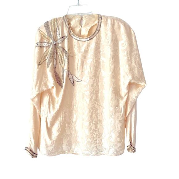 Collections Michelle Stuart Vintage Silk Cream Sequin Beaded Blouse Ivory 10 Top - Picture 1 of 7